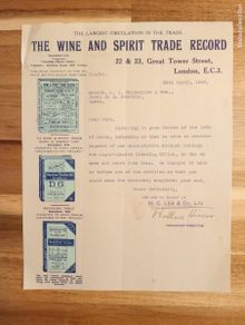 Lettres commerciales: CARTA COMERCIAL. LONDON. 1936. THE WINE AND SPIRIT TRADE RECORD.